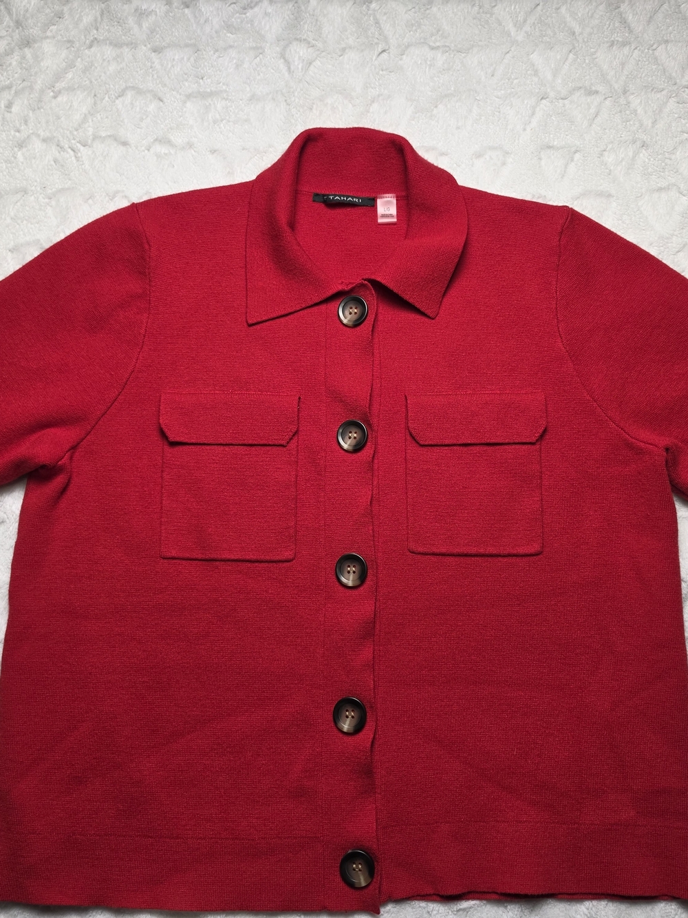 Classic Red Button-Front Knit Cardigan with Patch Pockets
